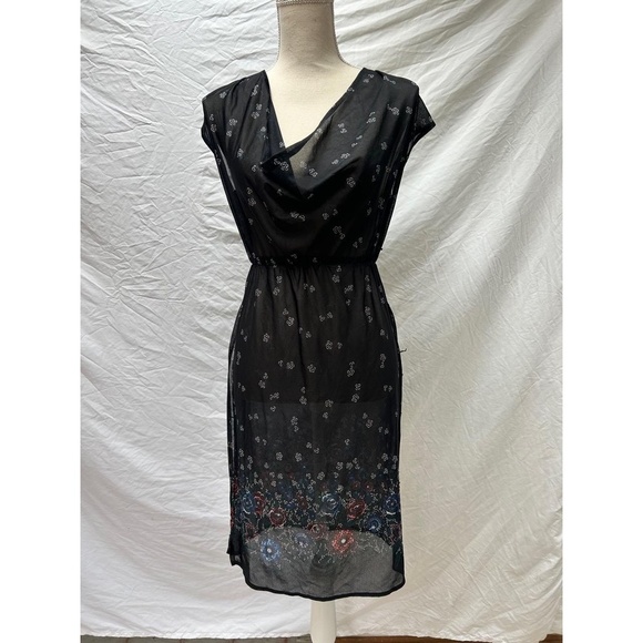 Womens Tunic Dress XS S Black Floral Vintage Y2K Sheer Cowl Neck Boho Festival - Picture 1 of 6